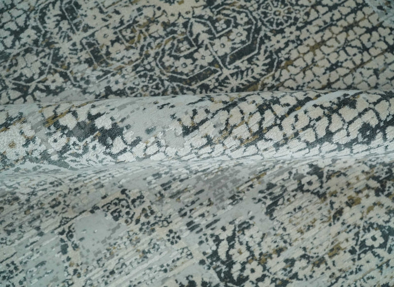 8x8 Round Beige, Gray and Charcoal Antique Finish, Vintage look, Art Silk Area Rug, Living Room Rug | TRDMM8