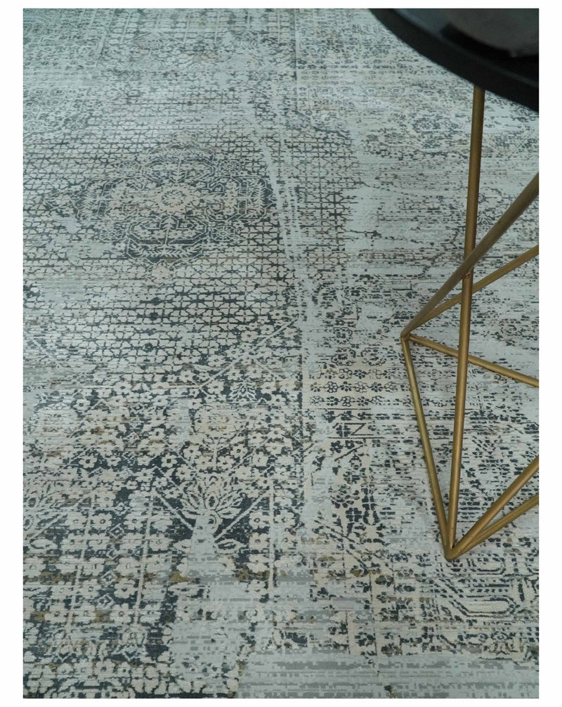 8x8 Round Beige, Gray and Charcoal Antique Finish, Vintage look, Art Silk Area Rug, Living Room Rug | TRDMM8