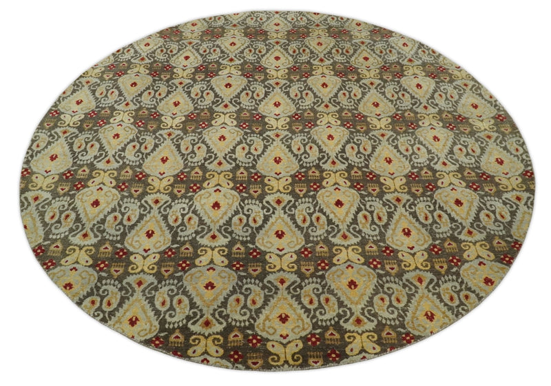 8x8 Round Fine Hand Knotted Brown and Beige Traditional Vintage Persian Style Antique Wool Rug | AGR48