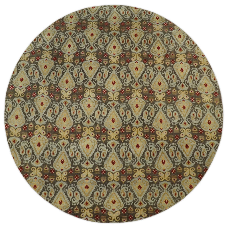 8x8 Round Fine Hand Knotted Brown and Beige Traditional Vintage Persian Style Antique Wool Rug | AGR48