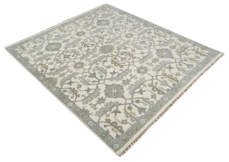 8x9 Hand Knotted Ivory and Silver Oriental Oushak Traditional Wool Area Rug