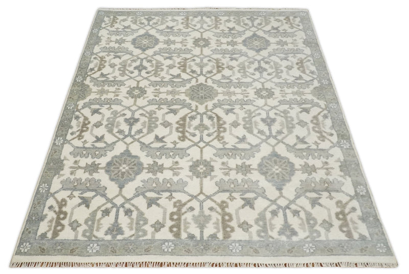 8x9 Hand Knotted Ivory and Silver Oriental Oushak Traditional Wool Area Rug