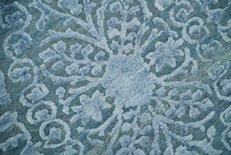 8x9.7 Blue Antique Style, Distressed Finish Hand Carved Traditional Medalian Hand Knotted Wool and Silk Rug