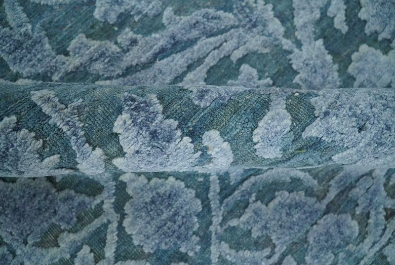 8x9.7 Blue Antique Style, Distressed Finish Hand Carved Traditional Medalian Hand Knotted Wool and Silk Rug