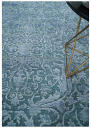 8x9.7 Blue Antique Style, Distressed Finish Hand Carved Traditional Medalian Hand Knotted Wool and Silk Rug