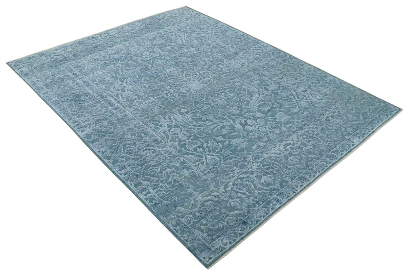 8x9.7 Blue Antique Style, Distressed Finish Hand Carved Traditional Medalian Hand Knotted Wool and Silk Rug