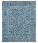 8x9.7 Blue Antique Style, Distressed Finish Hand Carved Traditional Medalian Hand Knotted Wool and Silk Rug
