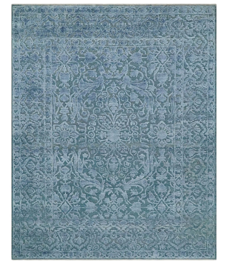 8x9.7 Blue Antique Style, Distressed Finish Hand Carved Traditional Medalian Hand Knotted Wool and Silk Rug
