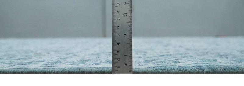 8x9.7 Blue Antique Style, Distressed Finish Hand Carved Traditional Medalian Hand Knotted Wool and Silk Rug