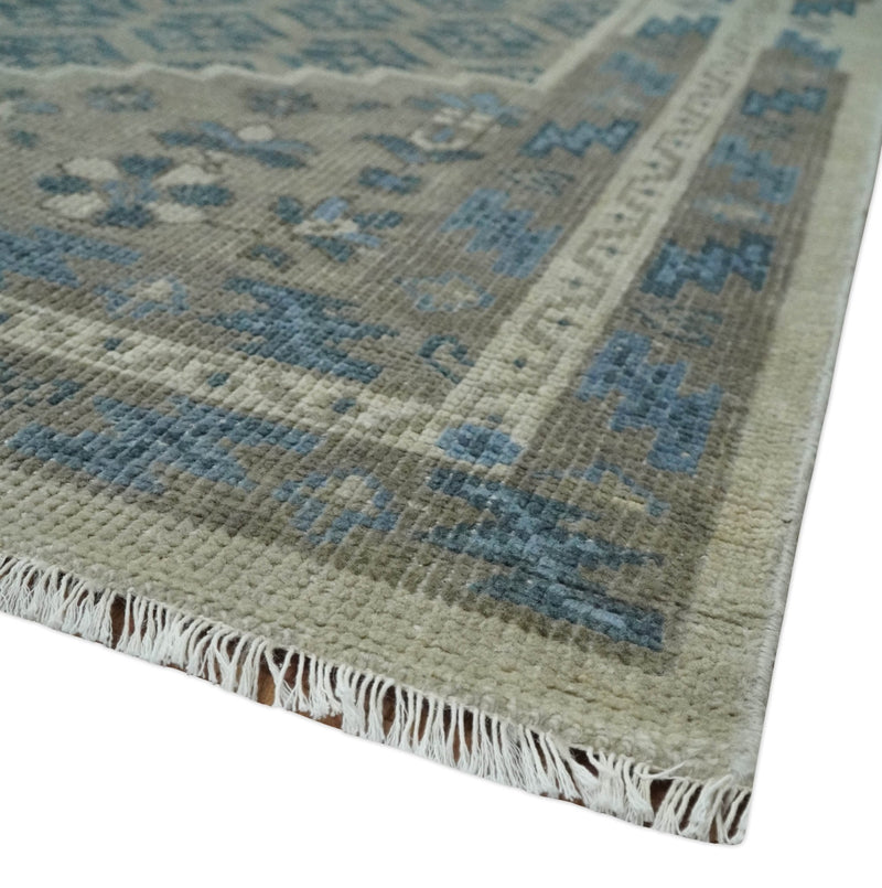 8x9.9 Gray, Ivory and Beige Honeycomb Traditional Hand Knotted Wool Area Rug