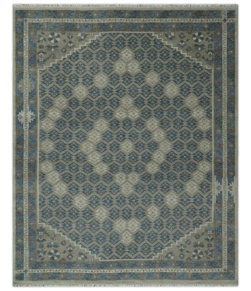 8x9.9 Gray, Ivory and Beige Honeycomb Traditional Hand Knotted Wool Area Rug
