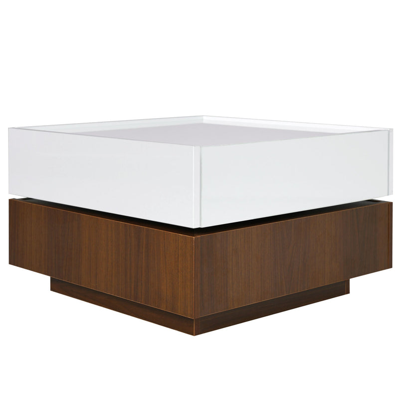 Walker Edison - Square 360°Rotating Coffee Table with 2 Drawers, High Gloss 2-Tier Center Table with Swivel Tabletop and Storage, Walnut Table Frame Side Table for Living Room, White