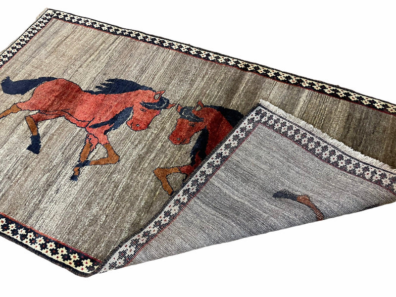 4 X 7 Handmade Hand-Knotted Quality Wool Rug Pictorial Horses Veggie Dyes Tribal