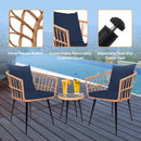 3 Piece Patio Bistro Set with Side Table, Outdoor PE Rattan Conversation Chair Set,Furniture of Coffee Table with Glass Top,Cushions & Lumbar Pillows for Garden,Backyard,Balcony or Poolside(Dark Blue)