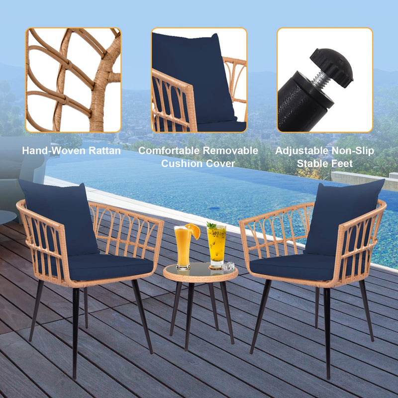 3 Piece Patio Bistro Set with Side Table, Outdoor PE Rattan Conversation Chair Set,Furniture of Coffee Table with Glass Top,Cushions & Lumbar Pillows for Garden,Backyard,Balcony or Poolside(Dark Blue)