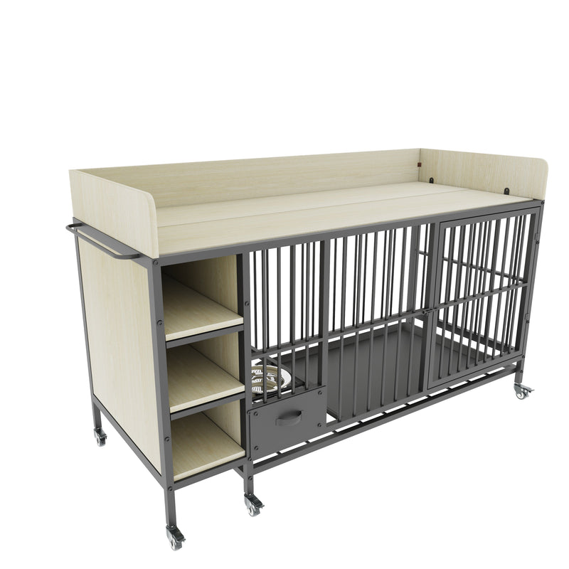 Large pet cage with storage rack, drawers with stainless steel food and water basin, made of iron frame and MDF material, sturdy, exquisite, and practical (black+beige)