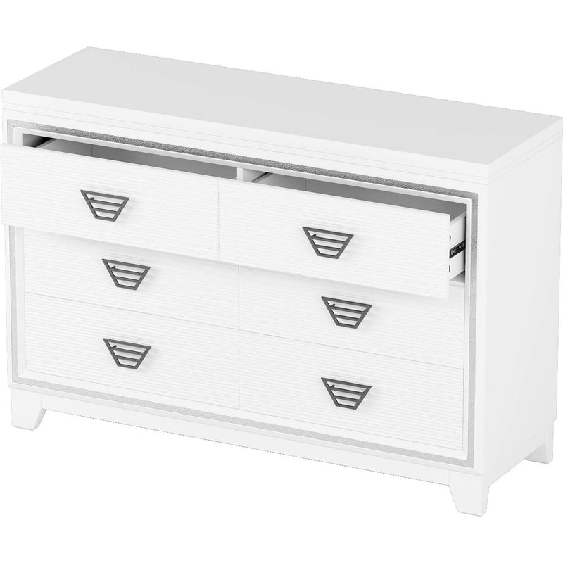 3-Pieces Bedroom Sets Queen Size Upholstered Bed with LED Lights, Nightstands and Dresser with Metal Handles and Sparkling Shiny Decoration, White