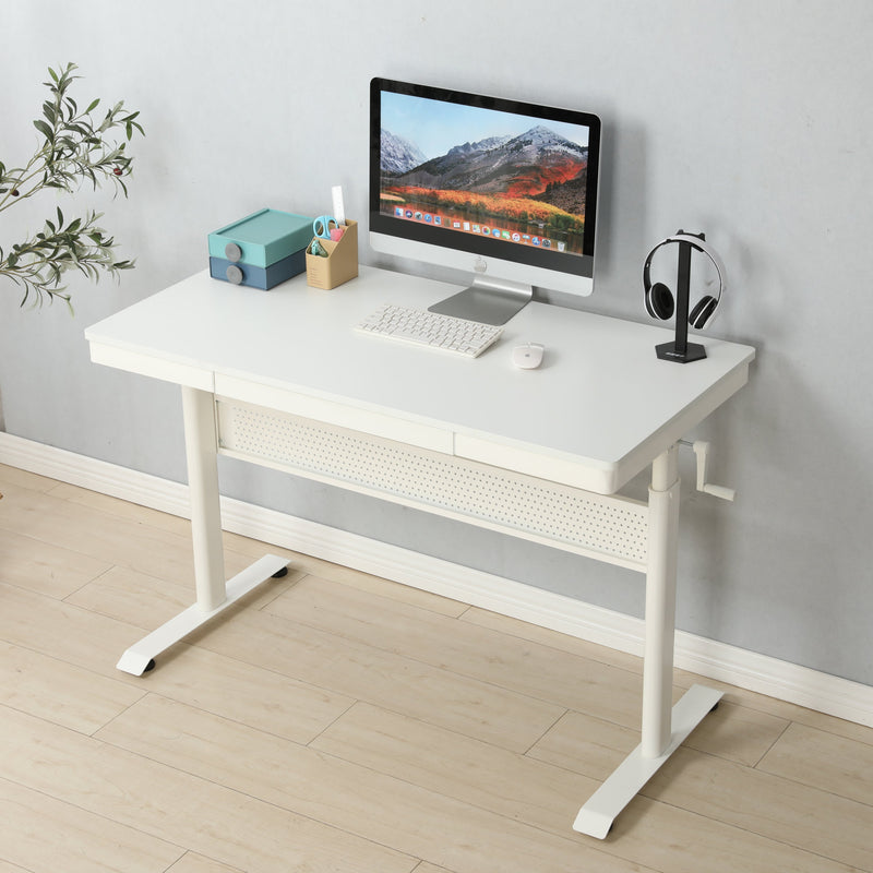 (White Tabletop) 48 x 24 InchesStanding Desk with Metal Drawer, Adjustable Height Stand up Desk, Sit Stand Home Office Desk, Ergonomic Workstation