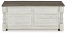 Havalance - Lift Top Cocktail Table with Storage Drawers - White / Gray