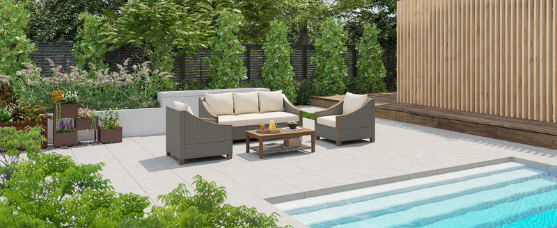 4-Piece Rattan Outdoor Conversation Sofa Set with Wooden Coffee Table and Cushions Seating 5 People for Patio, Garden and Backyard (Grey)
