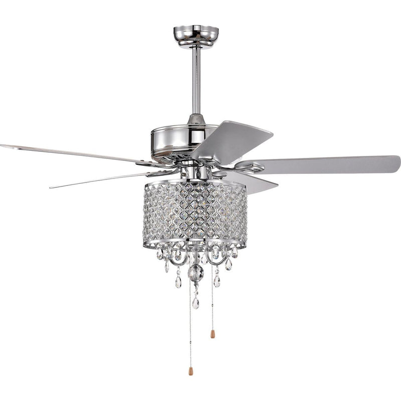 52'' Classical Crystal Ceiling Fan Lamp  3 Speed Hand Pull Chain (High, Mid, Low), 5 Reversible Blades for Living Room, Dining Room, Bedroom, Family Room, Chrome  ,3PCS*E12  (NO Include Bulb )