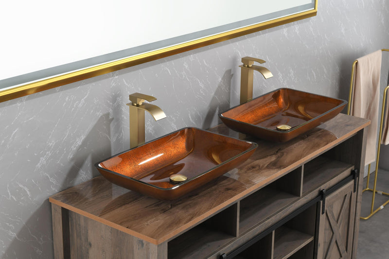 22.5" L -L -14.5" W -4 1/2 in. Handmade Glass Rectangle Vessel Bathroom Sink Set in Rich Chocolate Brown Finish with gold Faucet and gold Pop Up Drain