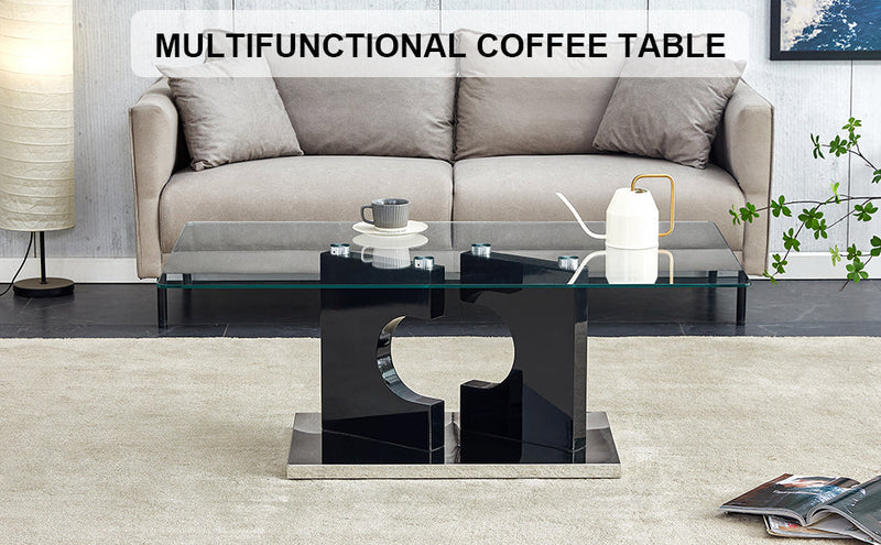 A rectangular modern and fashionable coffee table with tempered glass tabletop and black MDF legs. Suitable for living room.47.2"x25.5"x18"