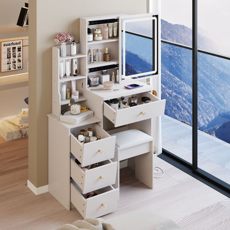 Cabinet Vanity Table & Cushioned Stool, USB Power Station, Hair Dryer Bracket - White, photo 7 of 12
