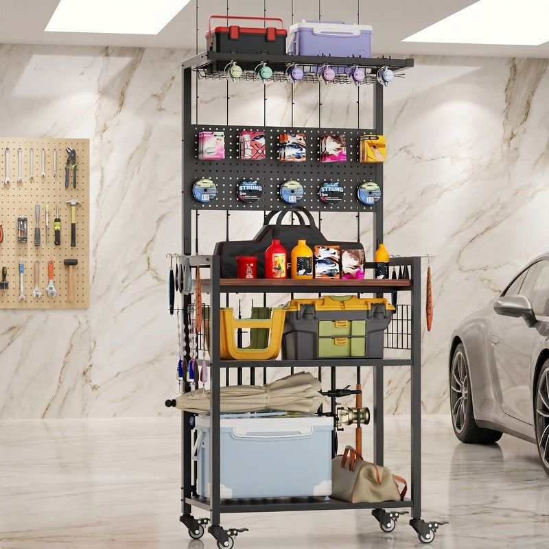 Fishing Rod Storage Rack With Pegboard, Rolling Tackle Organizer Cart - Black, photo 8 of 13
