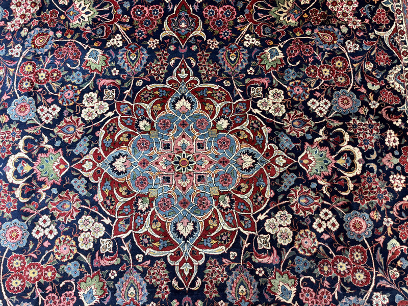 Navy Blue Persian Rug 9x12, Antique Persian Carpet, Kork Wool, 200 KPSI, Persian Kashan Rug