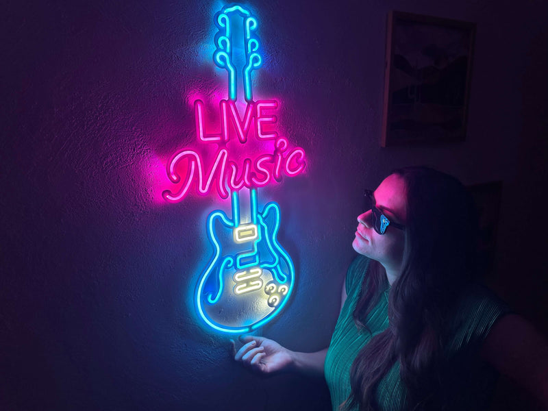 Live Music Guitar Neon Metal Sign