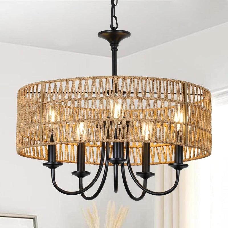 Walker Edison - Modern Farmhouse Chandelier Light Fixtures, 5-Lights Large Rattan Pendant Lighting with Hand Woven Wicker Shade, Boho Black Chandeliers for Dining Room Living Room Kitchen Island Bedroom