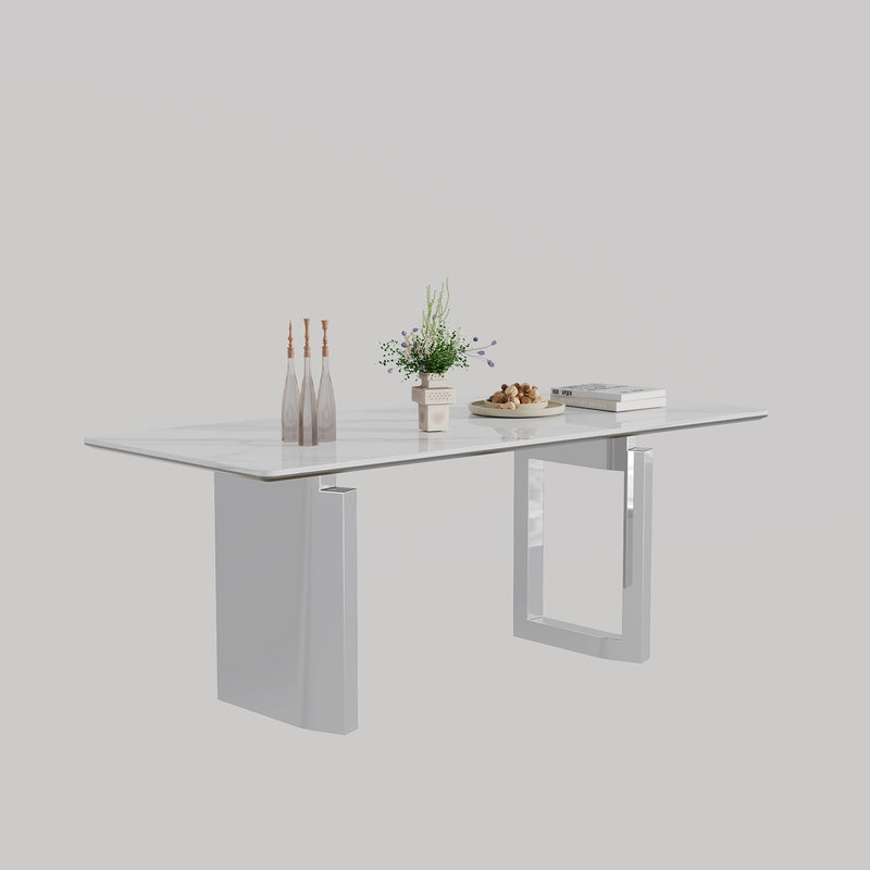 0.47" Thick Sintered Stone Composite Tempered Glass Top Rectangular Dining Table with Stainless Steel Base