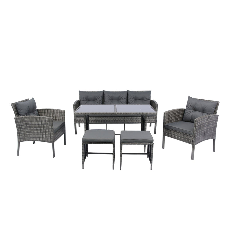 6 Piece Patio Wicker Sectional Set Patio Backyard Conversation Set Grey Wicker + Dark Grey Cushion