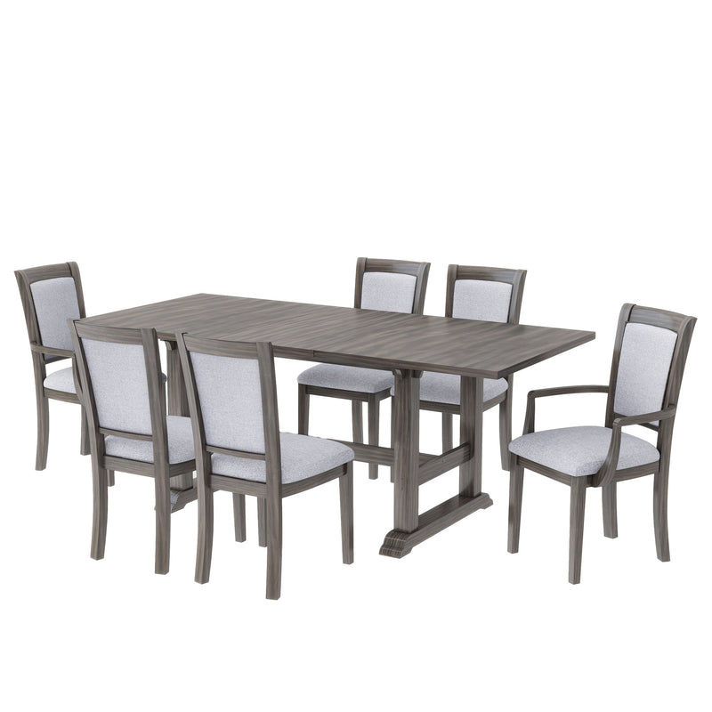 7-Piece Updated 76.9inch Extendable Trestle Dining Table Set with Removable Leaf, Kitchen Table Set with Upholstered Side Chair and Arm Chair, Set of 6, Grey