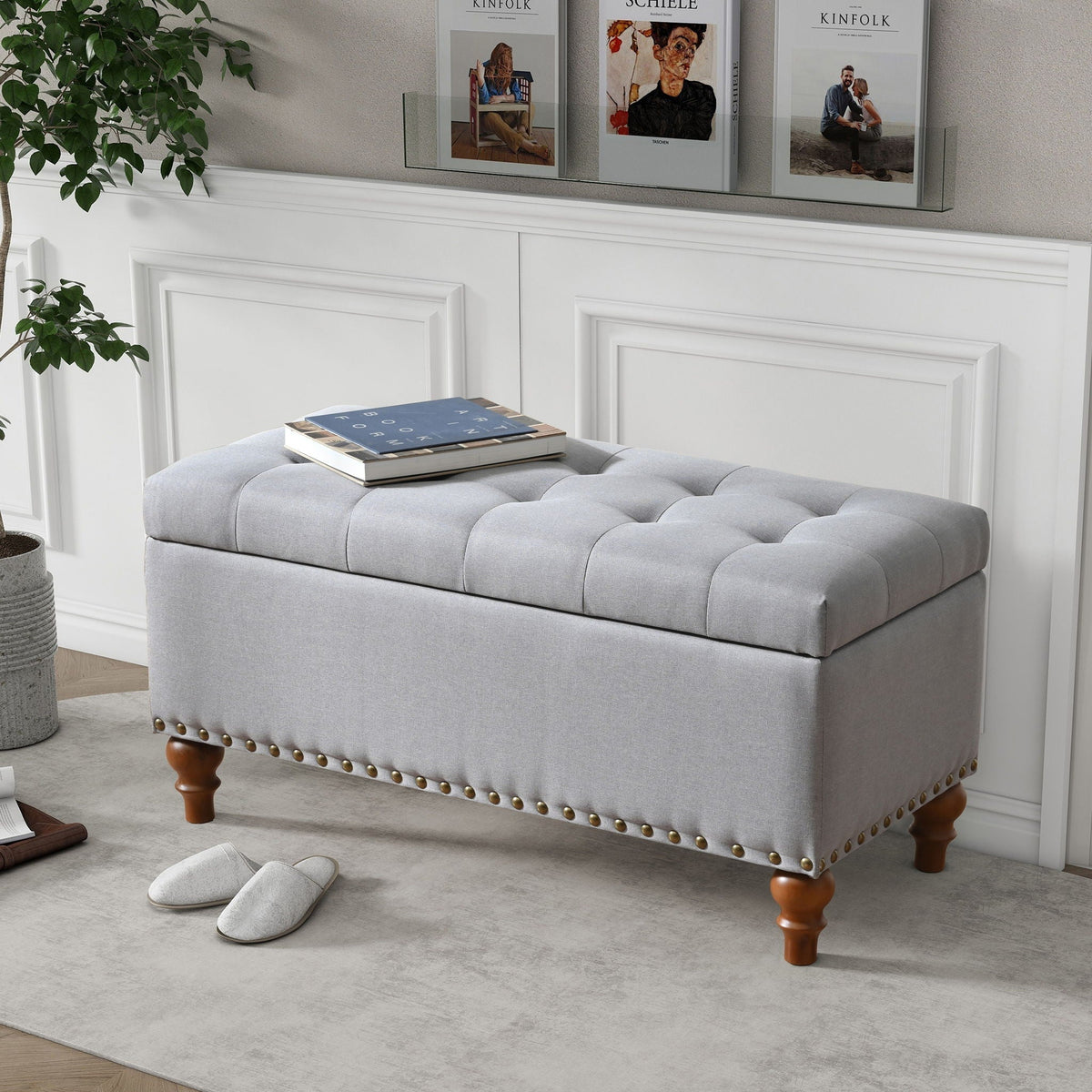 Upholstered Ottoman With Storage And Rivet Trim, photo 5 of 8
