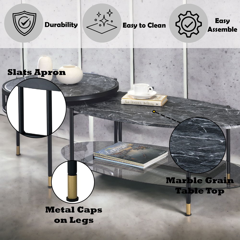 Silas - Nesting Coffee Table Set - Faux Marble Top & Black, photo 5 of 6