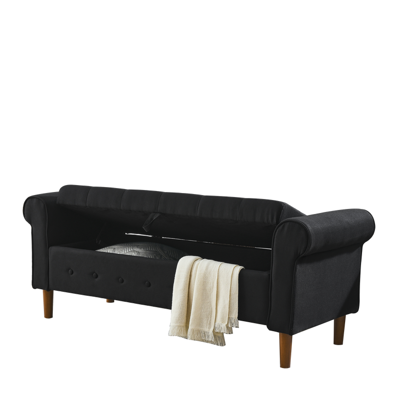 62" Bedroom Tufted Button Storage Bench, Linen Upholstered Ottoman, Window Bench, Rolled Arm Design for Bedroom, Living Room, Foyer (Beige)