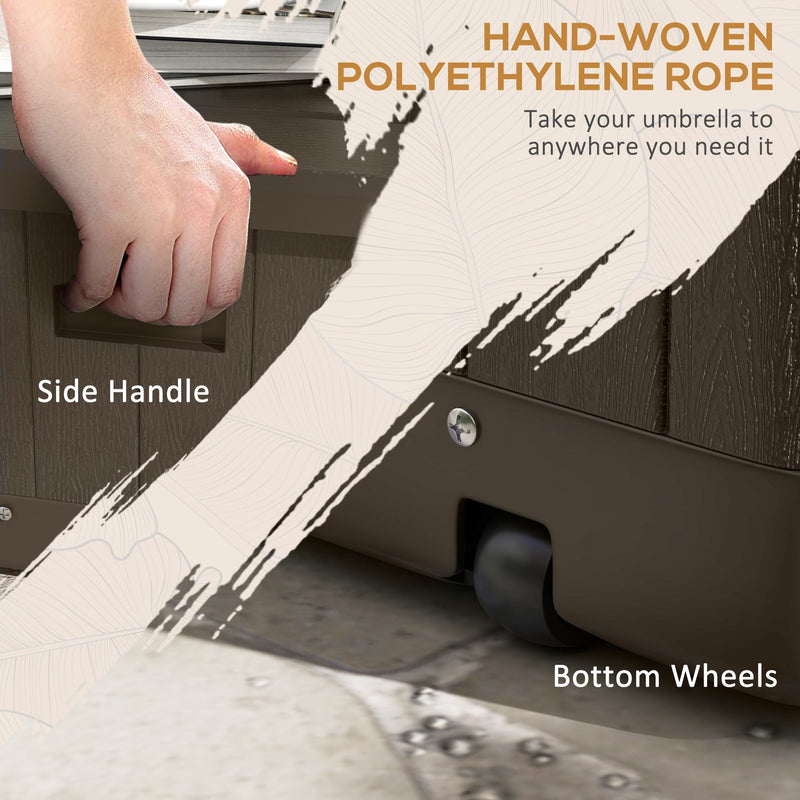 3-in-1 Outdoor Umbrella Base, Coffee End Table, Flower Box Planter with Drain Hole, 175 lbs. Capacity Fillable Patio Umbrella Stand Table with Wheels and Handles, Brown