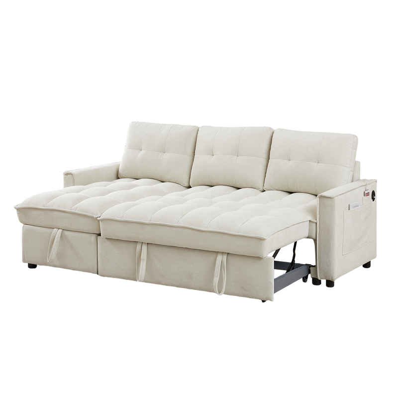 78.75" Reclining Sofa, Pull-Out Sofa Bed with USB and tape-c charging ports, L-Shaped Sectional Sofa with Reclining Storage and Arm Side Organizer Pocket Features, Living Room Comfort Sofa