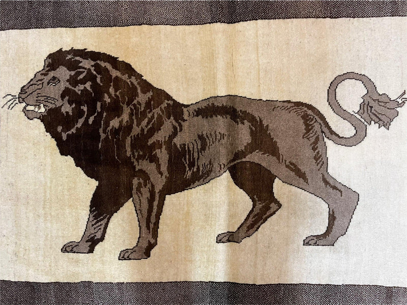 3 x 5 Handmade Rug Brown Beige Hand-Knotted Lion Rug New Vintage Quality Animal