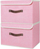 ANMINY 2PCS Storage Bins with Lid PU Leather Handles Storage Boxes PP Plastic Board Decorative Foldable Lidded Cotton Linen Fabric Home Cubes Baskets Closet Organizer Containers - Pink, Large Size by TinyTreasures Baby Boutique