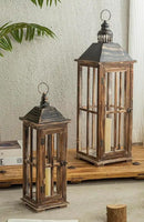 Large Farmhouse Wooden Decorative Lantern Set of 2, Rustic Distressed Brown Burnt Wood Floor Candle Lanterns, Indoor/Outdoor Hanging Lanterns for Home Decor (No Glass) by CozyNest Decor