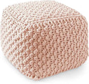 Casafield Square Pouf Ottoman, Light Pink 18.5" W x 18.5" D x 14.5" H Cotton Knit Foot Stool - Boho Floor Pouffe for Living Room, Bedroom, Home Office by CozyNest Decor