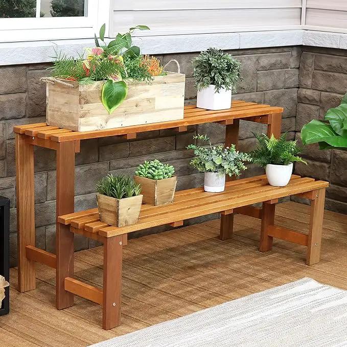 Sunnydaze 2-Tier Meranti Outdoor Wood Plant Stand - Indoor Plant Bench with Teak Oil Finish - 24-Inch, photo 5 of 9