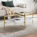 Oval Glass Coffee Table, Mid-Century Modern Design, L43 x W22 x H17 inch, Surfboard Shaped Clear Glass Top and White Marble Finish Wood Shelf, Tapered Legs with Gold Finish Frame by CozyNest Decor