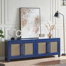 JYED Mid Century Modern TV Stand for TVs up to 75", 69.5" W Blue Entertainment Center with 4 Gold Metal Mesh Doors - Wood Grain MDF TV Console, Media Storage by CozyNest Decor