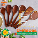 Riveira Set of 6 Premium Brown Bamboo Cooking Utensils - Bamboo Utensils for Cooking - Non-Toxic Kitchen Set - Wooden Kitchen Utensils for Non-Stick Cookware by CozyNest Decor