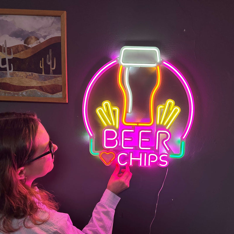 Beer and Chips Neon Metal Sign