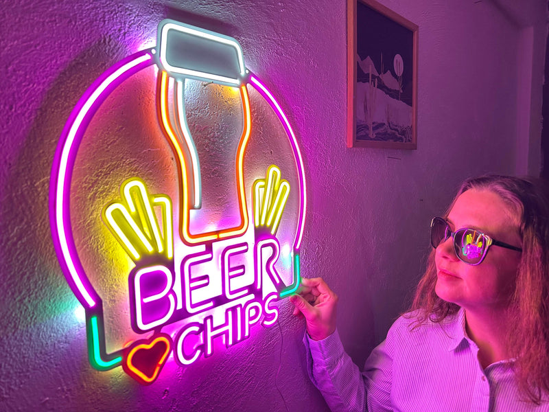Beer and Chips Neon Metal Sign